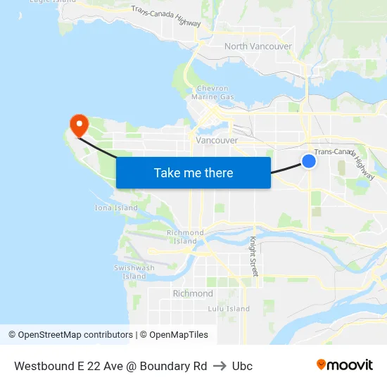 Westbound E 22 Ave @ Boundary Rd to Ubc map