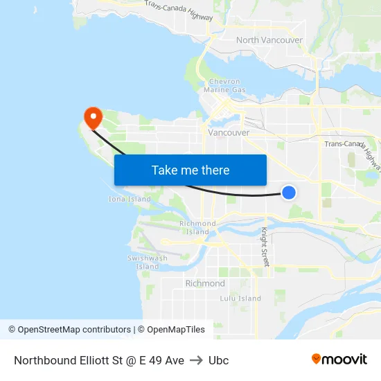 Northbound Elliott St @ E 49 Ave to Ubc map