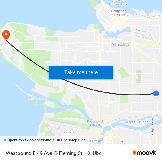 Westbound E 49 Ave @ Fleming St to Ubc map
