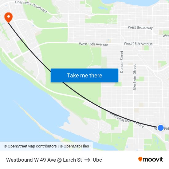 Westbound W 49 Ave @ Larch St to Ubc map