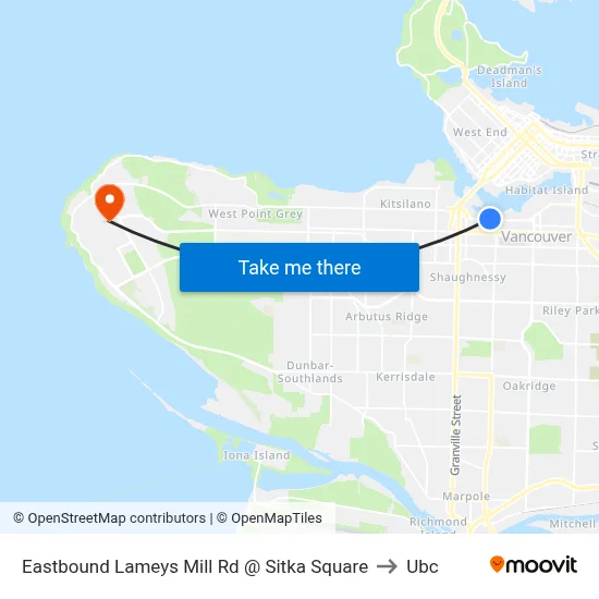 Eastbound Lameys Mill Rd @ Sitka Square to Ubc map