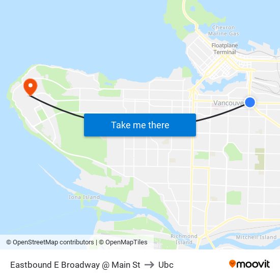 Eastbound E Broadway @ Main St to Ubc map