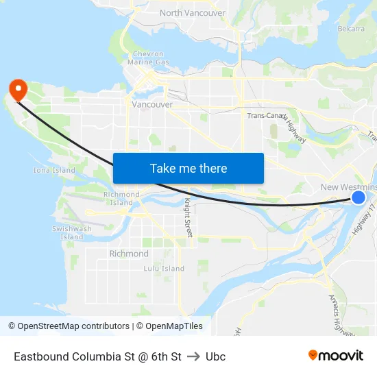 Eastbound Columbia St @ 6th St to Ubc map