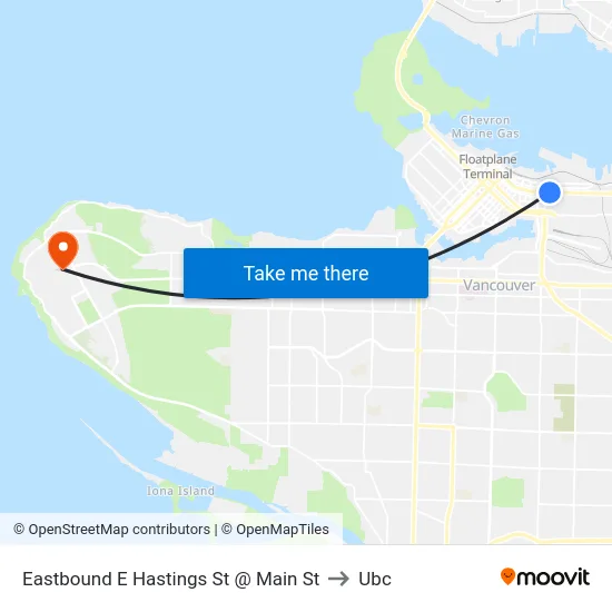 Eastbound E Hastings St @ Main St to Ubc map