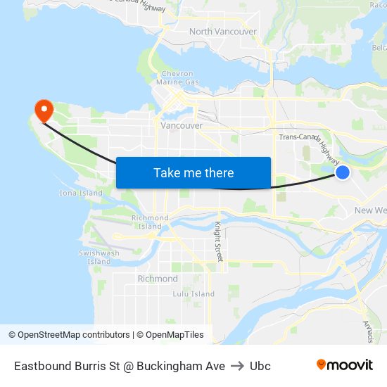 Eastbound Burris St @ Buckingham Ave to Ubc map