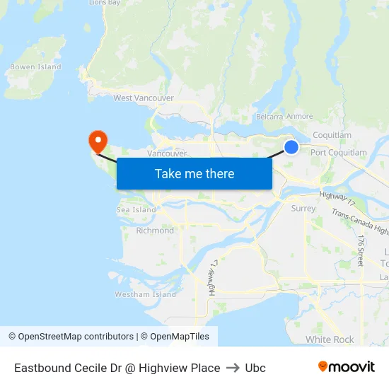Eastbound Cecile Dr @ Highview Place to Ubc map