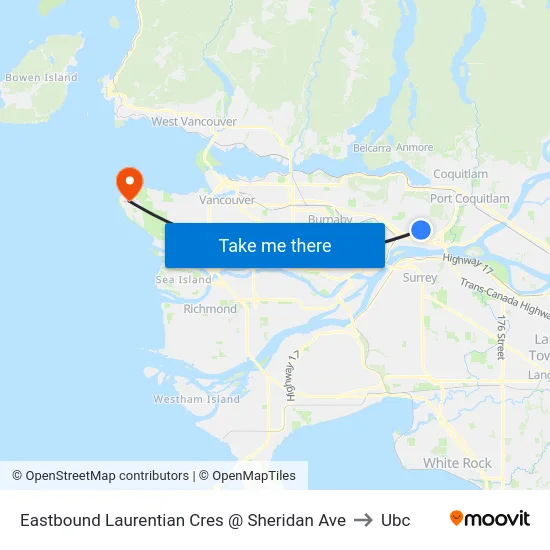 Eastbound Laurentian Cres @ Sheridan Ave to Ubc map