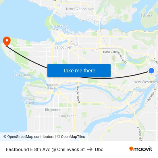 Eastbound E 8th Ave @ Chilliwack St to Ubc map