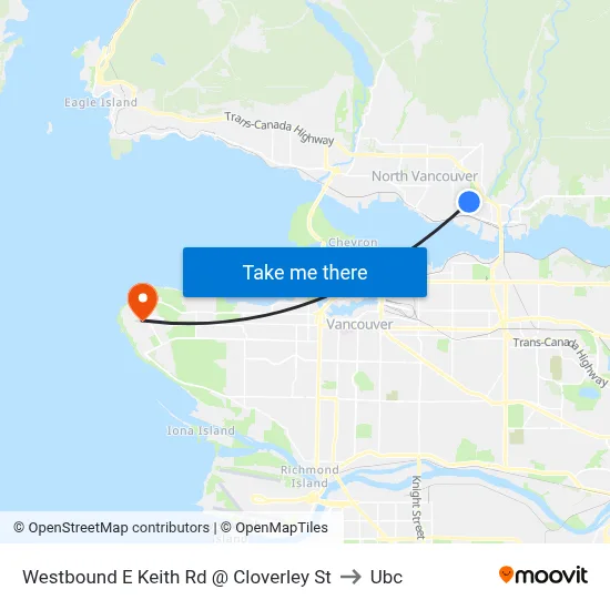 Westbound E Keith Rd @ Cloverley St to Ubc map