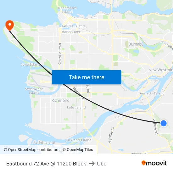 Eastbound 72 Ave @ 11200 Block to Ubc map