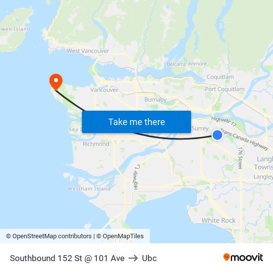 Southbound 152 St @ 101 Ave to Ubc map