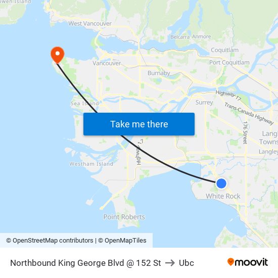 Northbound King George Blvd @ 152 St to Ubc map