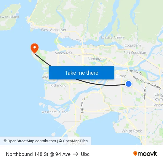 Northbound 148 St @ 94 Ave to Ubc map