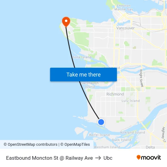 Eastbound Moncton St @ Railway Ave to Ubc map