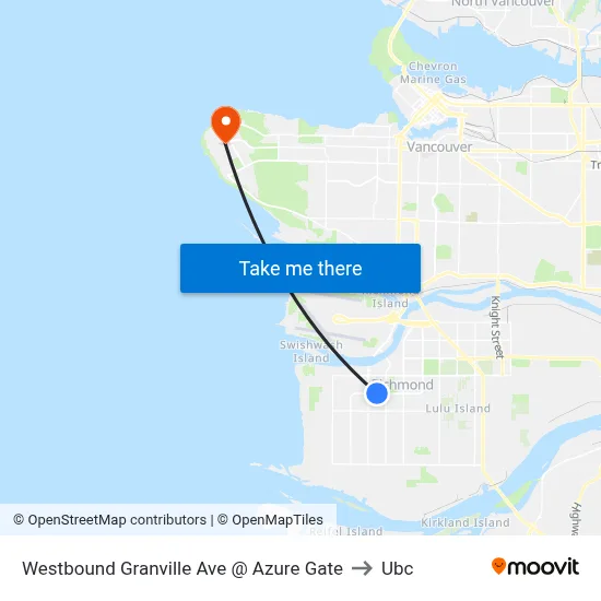 Westbound Granville Ave @ Azure Gate to Ubc map