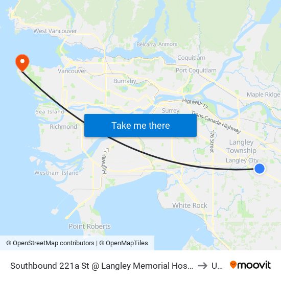 Southbound 221a St @ Langley Memorial Hospital to Ubc map