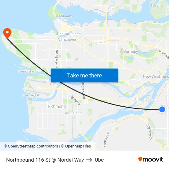 Northbound 116 St @ Nordel Way to Ubc map