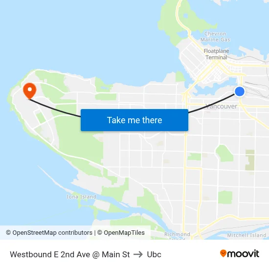 Westbound E 2nd Ave @ Main St to Ubc map