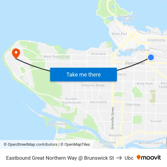 Eastbound Great Northern Way @ Brunswick St to Ubc map