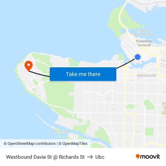 Westbound Davie St @ Richards St to Ubc map