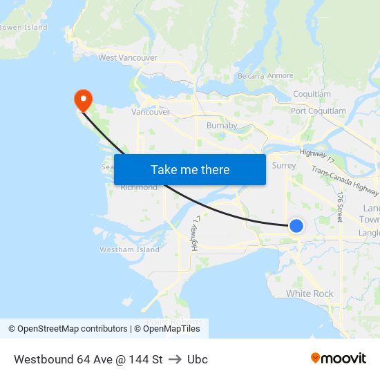 Westbound 64 Ave @ 144 St to Ubc map