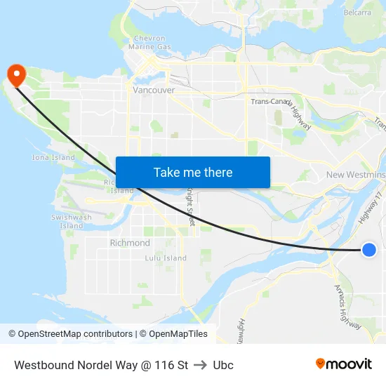 Westbound Nordel Way @ 116 St to Ubc map