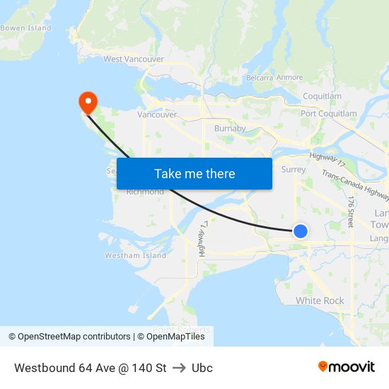 Westbound 64 Ave @ 140 St to Ubc map