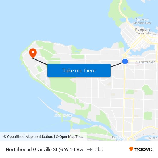 Northbound Granville St @ W 10 Ave to Ubc map