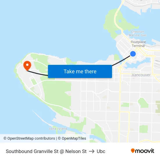 Southbound Granville St @ Nelson St to Ubc map