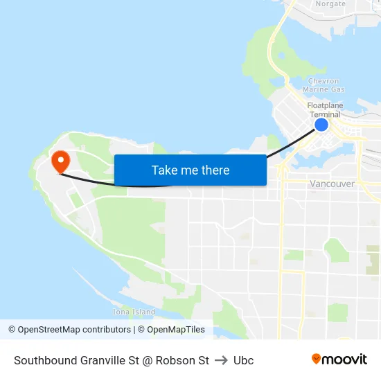 Southbound Granville St @ Robson St to Ubc map