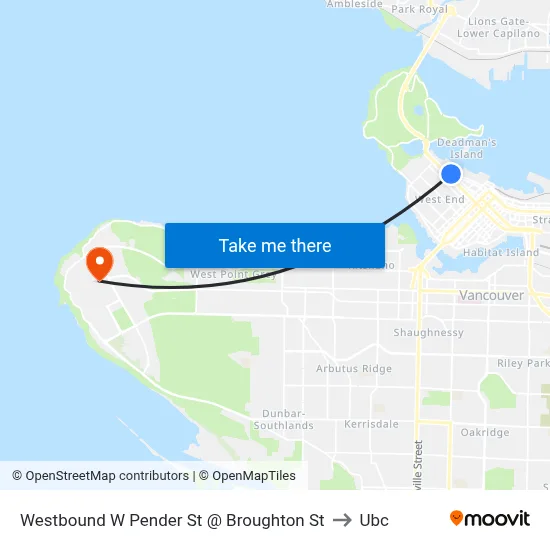 Westbound W Pender St @ Broughton St to Ubc map
