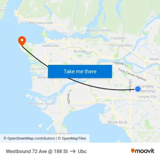 Westbound 72 Ave @ 188 St to Ubc map