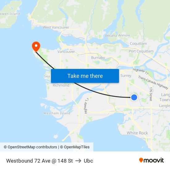 Westbound 72 Ave @ 148 St to Ubc map