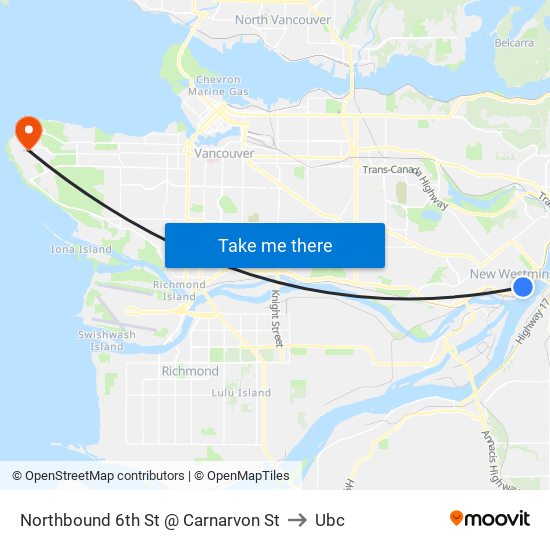 Northbound 6th St @ Carnarvon St to Ubc map