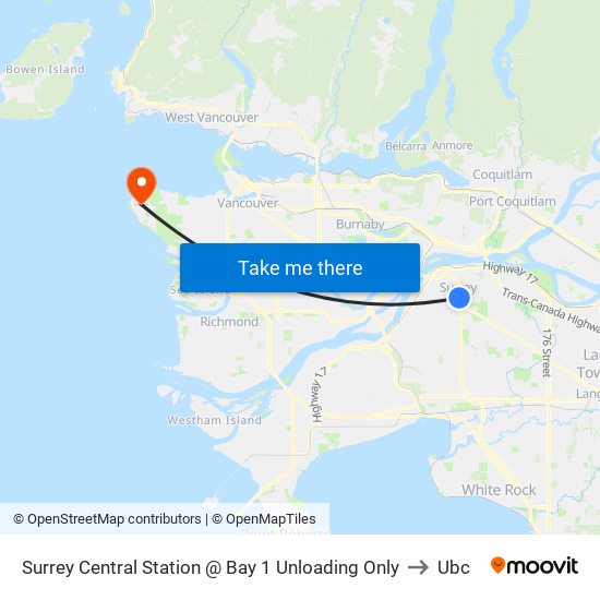 Surrey Central Station @ Bay 1 Unloading Only to Ubc map