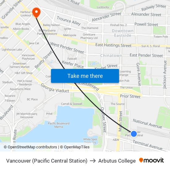 Vancouver (Pacific Central Station) to Arbutus College map