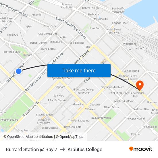Burrard Station @ Bay 7 to Arbutus College map