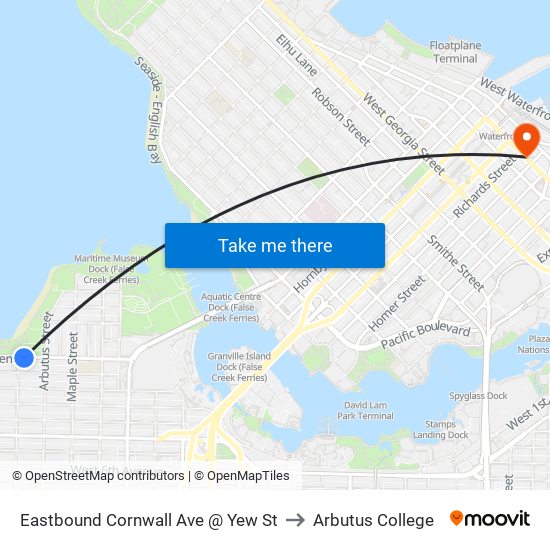 Eastbound Cornwall Ave @ Yew St to Arbutus College map