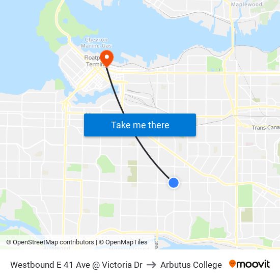 Westbound E 41 Ave @ Victoria Dr to Arbutus College map