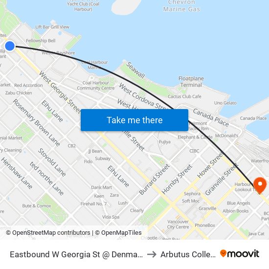 Eastbound W Georgia St @ Denman St to Arbutus College map