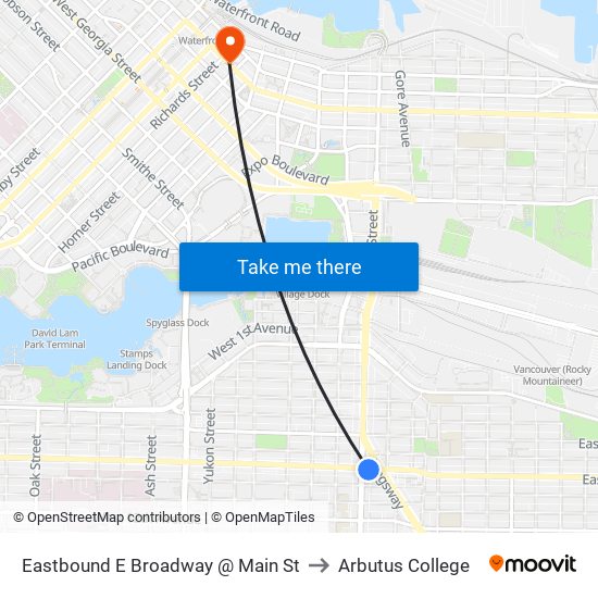 Eastbound E Broadway @ Main St to Arbutus College map