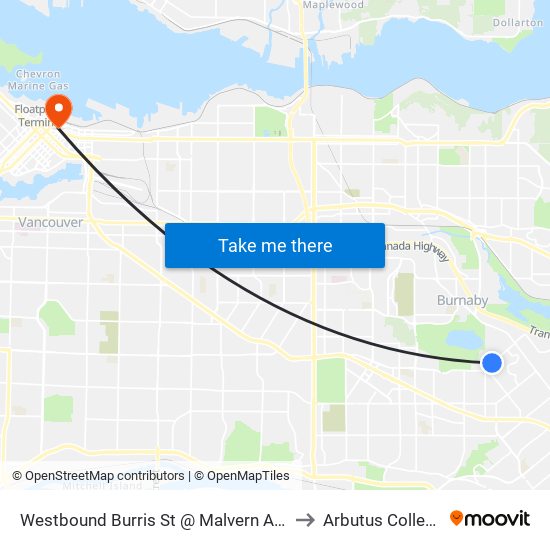 Westbound Burris St @ Malvern Ave to Arbutus College map