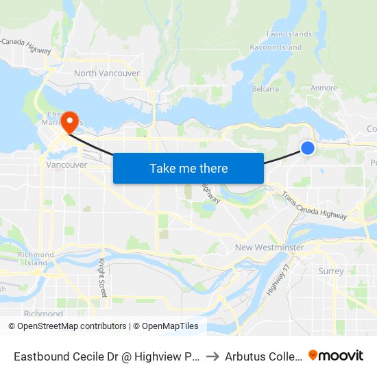 Eastbound Cecile Dr @ Highview Place to Arbutus College map