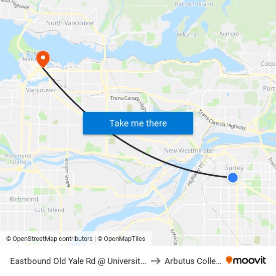 Eastbound Old Yale Rd @ University Dr to Arbutus College map