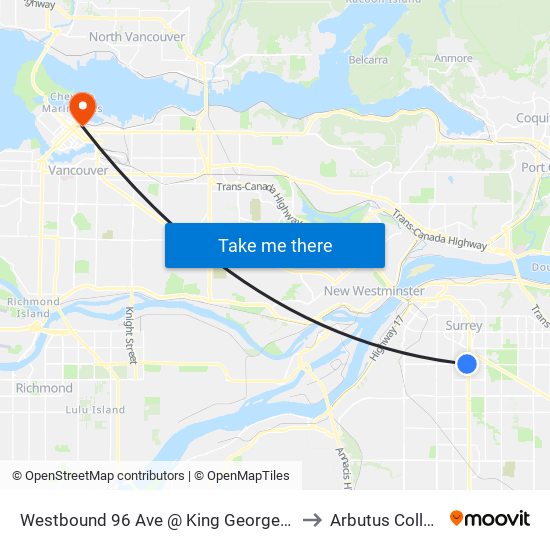 Westbound 96 Ave @ King George Blvd to Arbutus College map