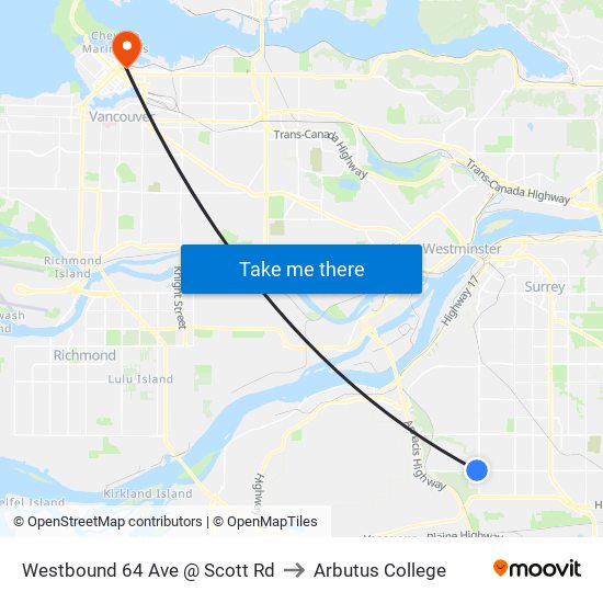 Westbound 64 Ave @ Scott Rd to Arbutus College map