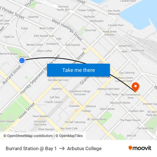 Burrard Station @ Bay 1 to Arbutus College map