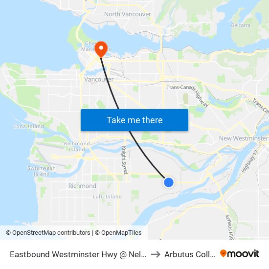 Eastbound Westminster Hwy @ Nelson Rd to Arbutus College map