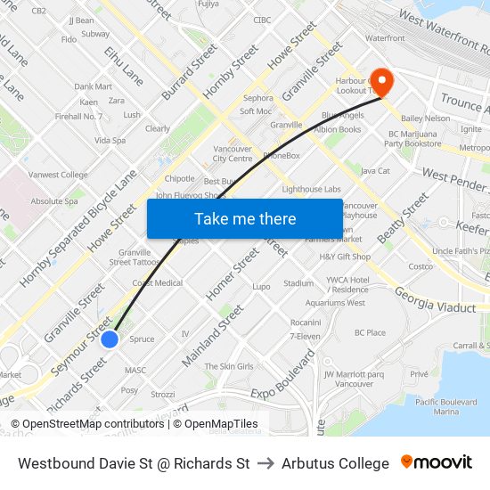 Westbound Davie St @ Richards St to Arbutus College map