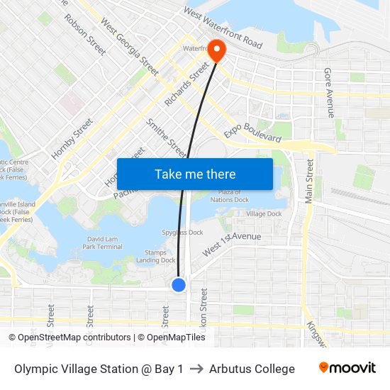 Olympic Village Station @ Bay 1 to Arbutus College map